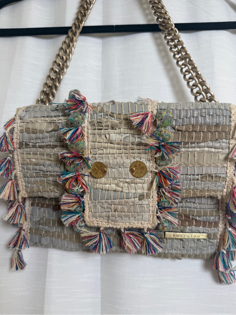 Kooreloo Woven Tassel Crossbody Bag Gray Multi Fringe Chain Designer Handbag - Picture 7 of 17